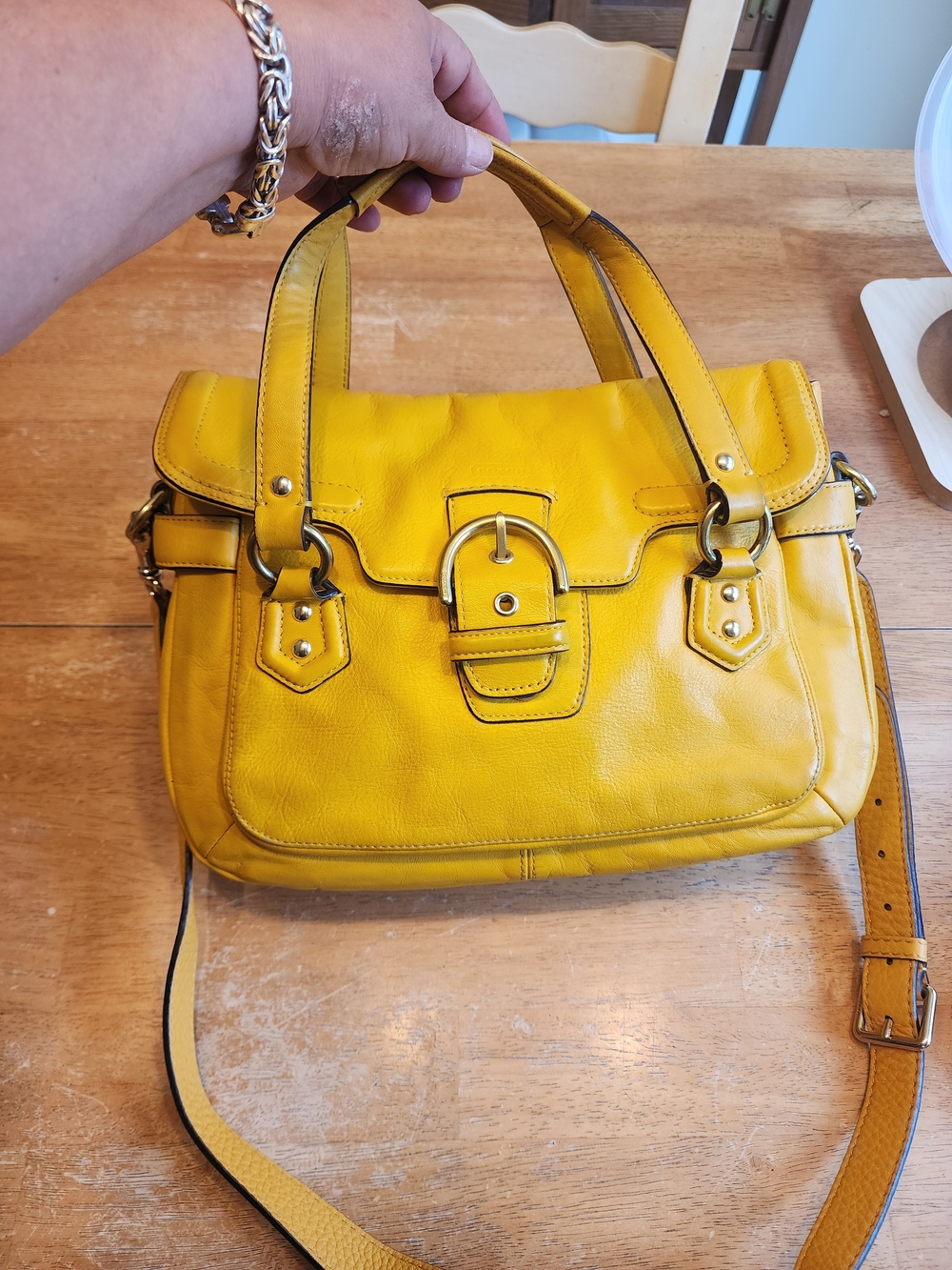 yellow leather  Coach Campbell Flap Satchel With Silver Harware